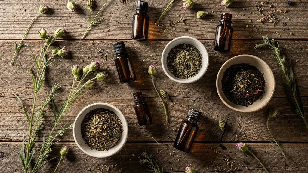 Assortiment de tisanes en vrac et flacons d'huiles essentielles sur table rustique