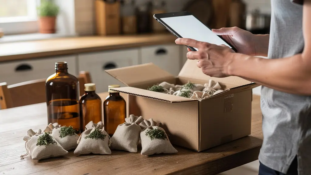 Personne déballant une commande de produits naturels dans sa cuisine