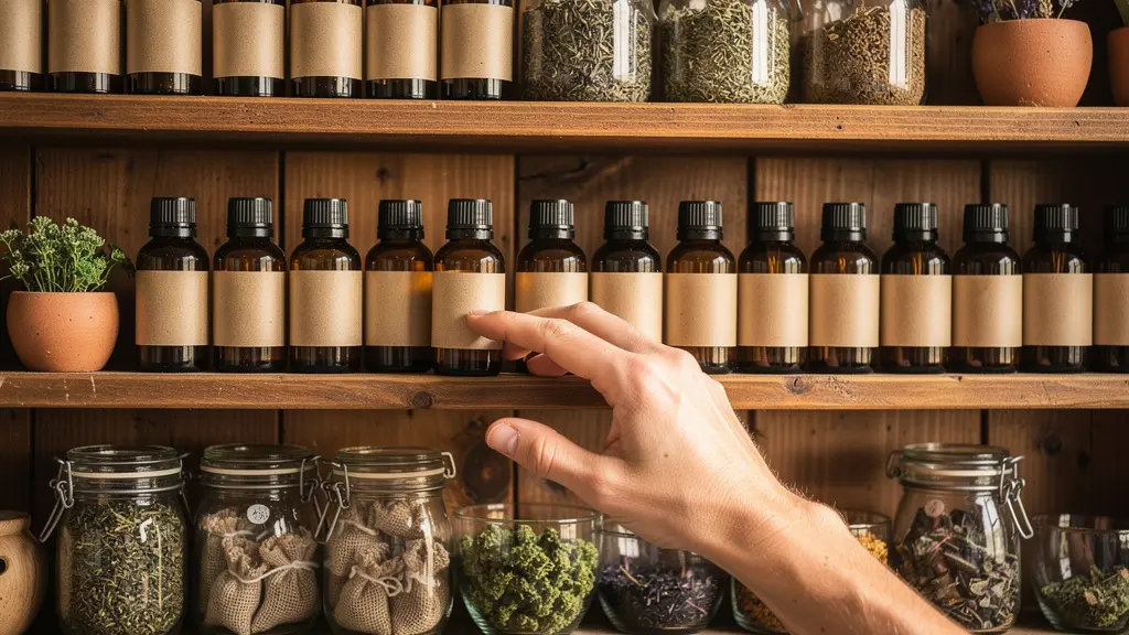 Étagère bois avec flacons huiles essentielles et plantes séchées