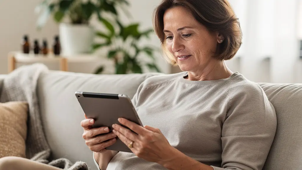 Femme consultant une herboristerie en ligne sur tablette dans son salon lumineux