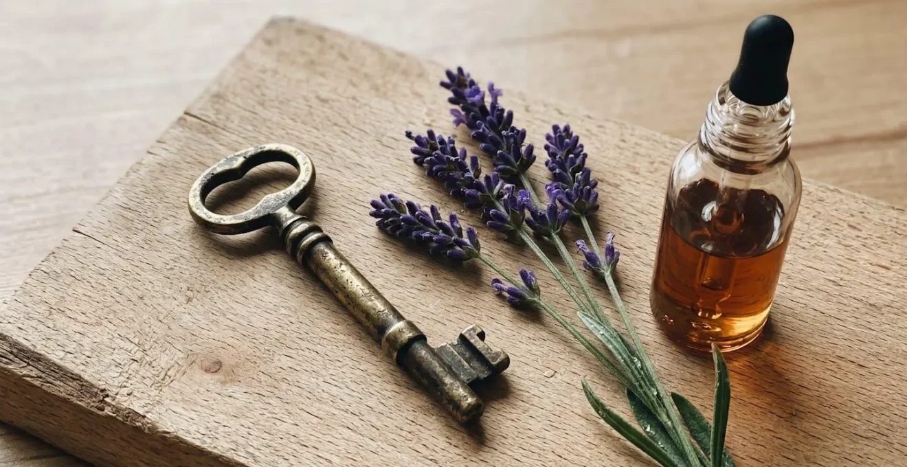 Clé en laiton vintage posée sur bois clair à côté d'un brin de lavande fraîche et d'un flacon ambré d'huile essentielle