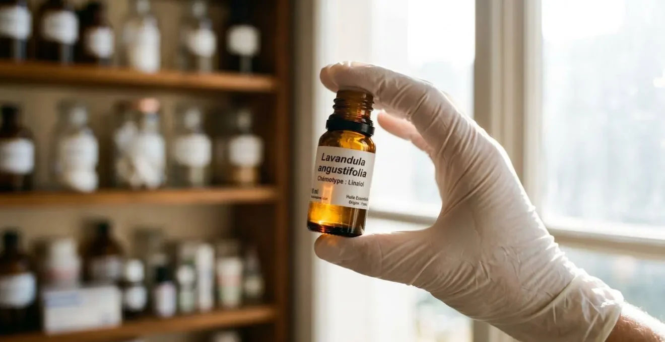 Main gantée de pharmacien tenant un flacon d'huile essentielle à contre-jour pour vérifier sa qualité et son étiquetage