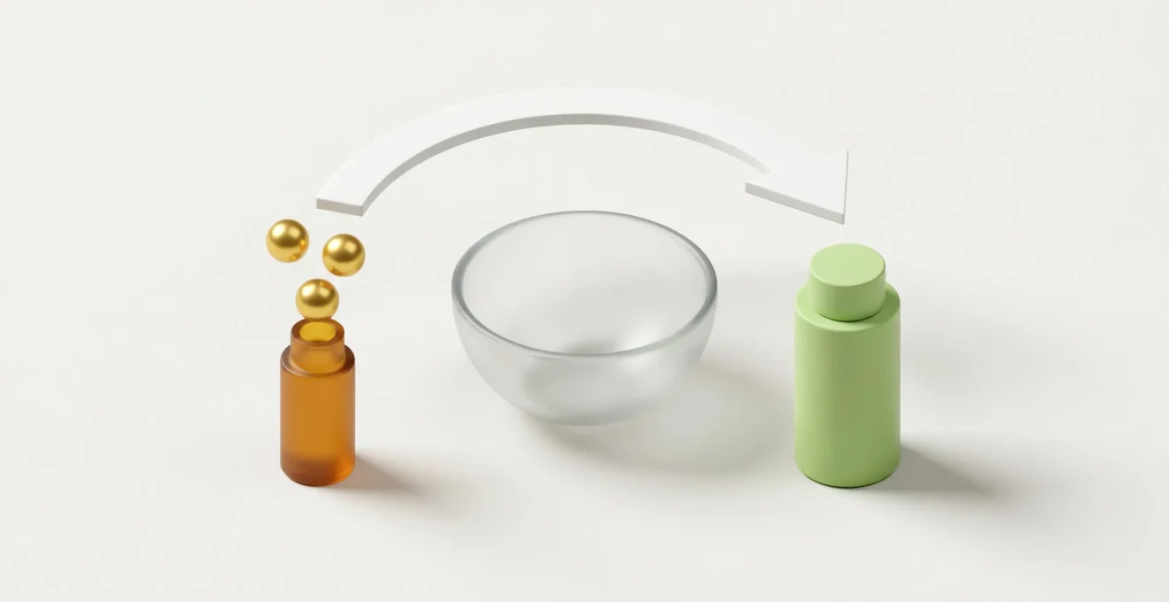 Schéma isométrique 3D montrant la dilution de 3 gouttes d'huile essentielle dans une huile végétale support
