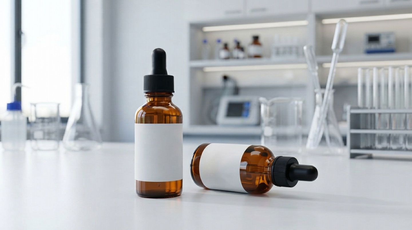 Main gantée de pharmacien tenant un flacon d'huile essentielle à contre-jour pour vérifier sa qualité et son étiquetage