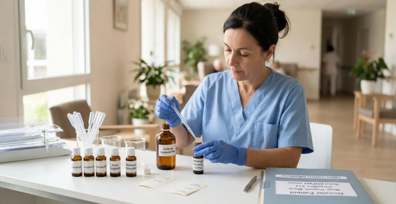 Infirmière préparant une dilution d'huile essentielle lavande sur un comptoir médical blanc dans un service de soins, avec flacons de dilution et dossier patient