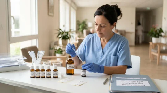 Infirmière préparant une dilution d'huile essentielle lavande sur un comptoir médical blanc dans un service de soins, avec flacons de dilution et dossier patient