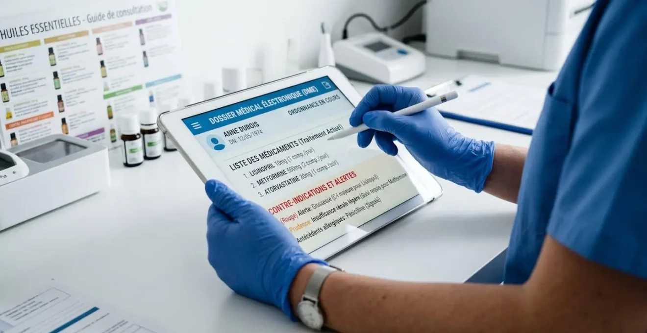 Mains de soignant consultant un dossier médical numérique affichant la liste des traitements et contre-indications d'un patient