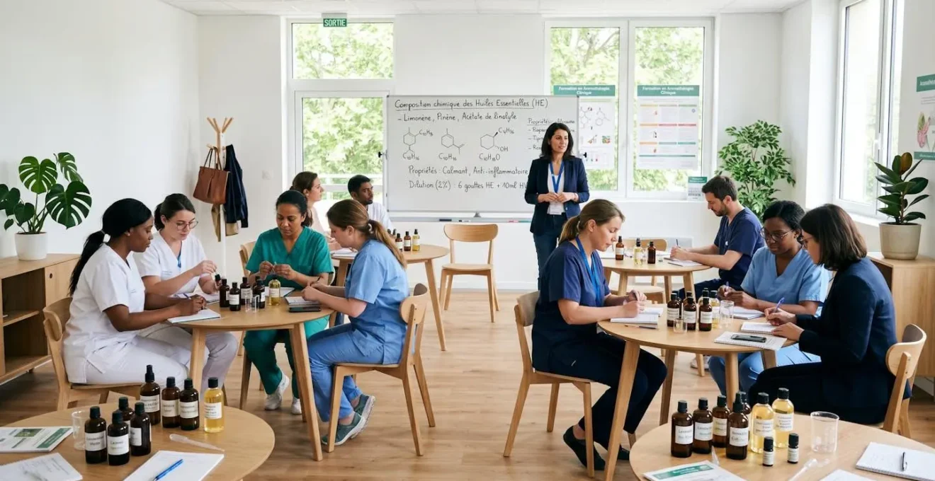 Salle de formation moderne avec soignants suivant un cours d'aromathérapie clinique, formateur au tableau et matériel pédagogique sur les tables