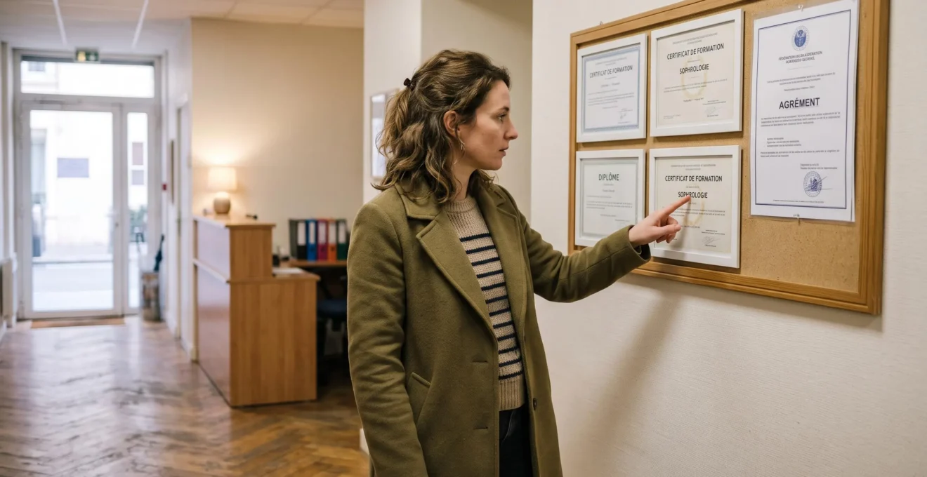 Une femme examine des certificats et documents affichés sur un panneau dans le hall d'accueil d'une école de formation.
