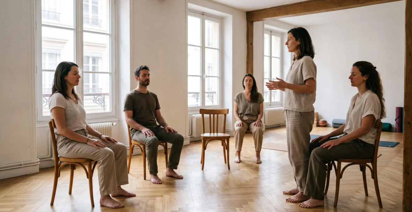 Une formatrice anime une séance de sophrologie devant quatre adultes assis en cercle dans une salle de formation lumineuse à Lyon.