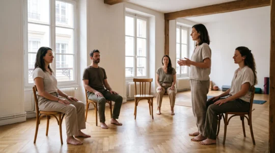 Une formatrice anime une séance de sophrologie devant quatre adultes assis en cercle dans une salle de formation lumineuse à Lyon.