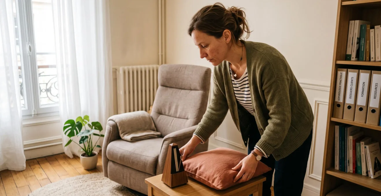 Une sophrologue prépare son cabinet de consultation en rangeant un coussin sur une table près de son fauteuil de pratique.